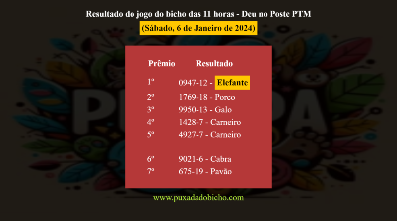 Resultado do jogo do bicho das 11 horas   Deu no Poste PTM (Sábado, 6 de Janeiro de 2024)