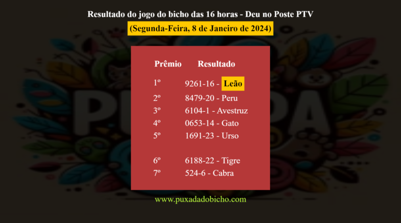 Resultado do jogo do bicho das 16 horas - Deu no Poste PTV (Segunda-Feira, 8 de Janeiro de 2024) -