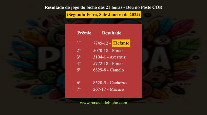 Resultado do jogo do bicho das 21 horas - Deu no Poste COR (Segunda-Feira, 8 de Janeiro de 2024) -